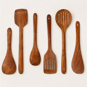 Ensemble d'ustensiles de cuisine en bois écologiques et modernes, 4 pièces, avec spatule à long manche, louche et cuillère, pour la maison et la restauration - Product Image 3