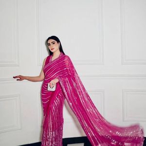 Sari de diseñador Georgette con lentejuelas, hilo y trabajo de Dori, y blusa con trabajo de lentejuelas, precio al por mayor de Royal Export - Product Image 5