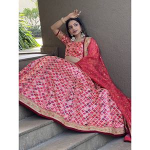 Pink <b>Sequin</b> Art Silk Engagement Lehenga Choli with Geometric Pattern V-neck Stretchable Satin Fabric for Women - Product Image 4