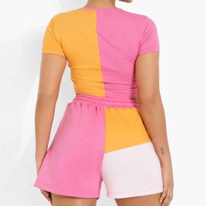 Ensemble de shorts 2 pièces pour femmes, couleur contrastée, haut court à manches courtes, rose jaune, sportif, décontracté, printemps été - Product Image 4