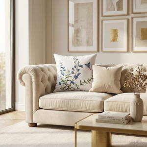 Custom Wholesale Applique Embroidery Flowers Hummingbird Vintage Square Back Cushion Cover 100% Cotton Washable Hotel Home - Product Image 4