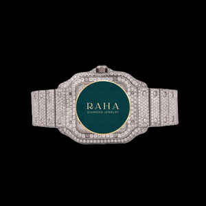 RAHA – montre de luxe en Quartz Moissanite pour femmes, boîtier rond, analogique, cristal saphir, bracelet en acier inoxydable de 42mm, cadran vert - Product Image 1