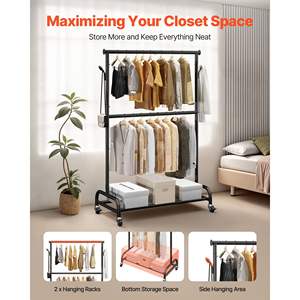 Appendiabiti in Acciaio al Carbonio Resistente, Capacità di Carico 68 Kg, Barra Trasversale Regolabile, Ganci Laterali, Ruote per Camera da Letto e Soggiorno - Product Image 2