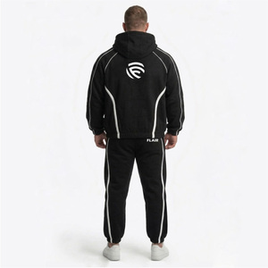 Men’s Black Fleece Tracksuit Custom Logo Hoodie Jogger <b>Set</b> Contrast Stripe Streetwear Two <b>Piece</b> <b>Set</b> - Product Image 3