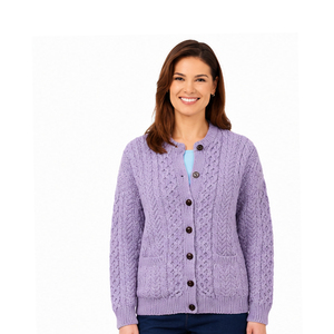 Cárdigan de punto morado para mujer, manga larga, color liso, cuello redondo, cierre de botones, lana y viscosa, tejido a mano, invierno - Product Image 3