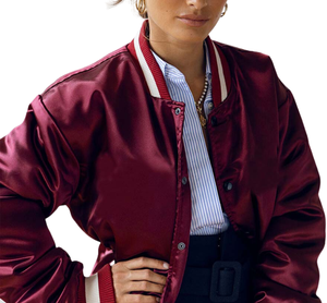 Men's Burgundy Satin Varsity Jacket Regular Fit High Street Style Stand Collar <b>Covered</b> <b>Button</b> Closure Winter Wear Embroidery - Product Image 5