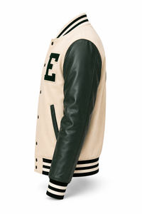 Veste universitaire unisexe en laine/polyester verte, manches longues, hiver, lettre E brodée sur le devant, style preppy, col rabattu, coupe classique - Product Image 2