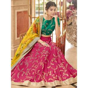 A-Line Modern Pink Embroidered Silk Plus Size Lehenga Choli for <b>Wedding</b> Engagement - Product Image 3