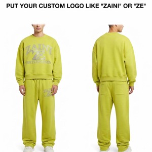 Ensemble de survêtement en molleton de coton premium pour homme, 350 GSM, vert lime, avec logo personnalisé par transfert thermique en strass, doux et chaud, style streetwear - Product Image 1