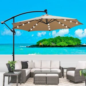 Ombrellone da Esterno da 3 Metri con Luci LED Solari, Impermeabile, 8 Stecche, Base a Croce con Manovella per Esterni - Product Image 1