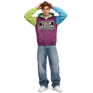 Sudadera con capucha para hombre, de algodón grueso, con bloques de color, efecto desgastado, con cremallera, bordado personalizado, estilo urbano, informal, de moda. - Product Image 1