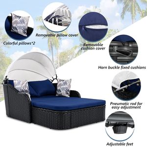 Lettino prendisole doppio da esterno GO 79,9 pollici con tettuccio regolabile in rattan PE e vimini nero, cuscino blu - Product Image 5