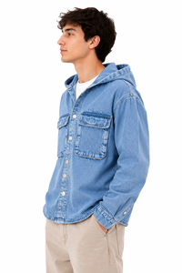 Chaqueta de Mezclilla con Capucha para Hombre, Color Azul Claro Lavado, Estilo Camisa con Botones, Prenda Exterior Informal de Manga Larga para Hombre, Corte Holgado y Elegante - Product Image 3