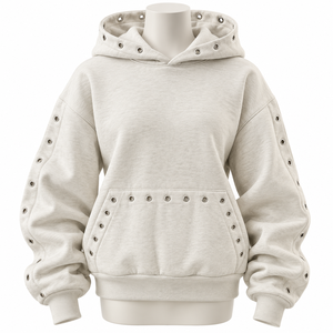 Oversized Pullover Hoodie Pearl Stud Sleeve Details <b>Drop</b> Shoulder Streetwear Fashion Sweatshirt 100% Cotton Fleece Breathable - Product Image 6