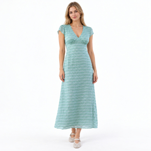 Vestido Midi de Verano para Mujer con Cuello en V, Manga Corta, Estampado Floral, Cintura Imperio, Estilo Casual, Línea A, Maxi Vestido - Product Image 5