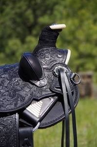 Handmade New Genuine <b>Leather</b> Western Black Floral <b>Tooling</b> Horse Saddle Portable Riding Dressage Custom Package Made in india - Product Image 3