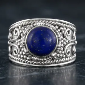 925 Sterling Silver <b>Lapis</b> <b>Lazuli</b> Wide Statement <b>Ring</b> Handmade Vintage Boho Gemstone Jewelry Women's Fashion Wholesale - Product Image 3