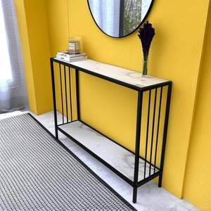 Mesa Consola Moderna Convertible con Acabado de Mármol y Estructura de Metal Negro para Sala de Estar y Uso en Hoteles - Product Image 6