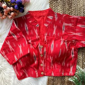 <b>Red</b> Ikkat Cotton Print Mandarin Collar Blouse Women's 100% Cotton Three Quarter Sleeve Casual Spring Summer <b>Top</b> - Product Image 2