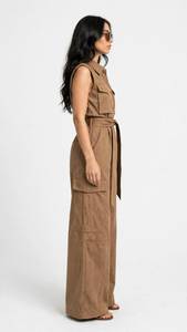 <b>Women's</b> Hooded <b>Short</b> Sleeveless <b>Cargo</b> Jumpsuit with Solid Casual Winter One-piece 100% Cotton Anti-Wrinkle Loose Fit - Product Image 2