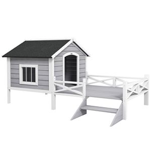 Cuccia per Cani in Legno Massello Grigio, Classica Casetta per Gatti con Villa Interna per Razze Piccole e Medie - Product Image 1
