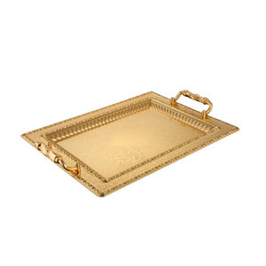 Plateau de service marocain artisanal en laiton, style vintage, rond, gravé, avec motifs géométriques et floraux islamiques complexes - Product Image 2