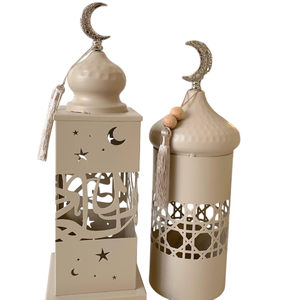 Farol de hierro blanco con diseño de luna creciente y estrellas para decoración del hogar en Ramadán, troquelado e impreso, duradero. - Product Image 1
