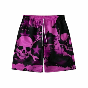 Short de bain décontracté pour homme, imprimé crâne violet, séchage rapide, taille mi-haute avec cordon de serrage, 100 % polyester - Product Image 1