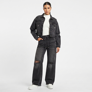 Women's Black Distressed <b>Denim</b> <b>Jacket</b> Set Long Sleeve Ripped Casual <b>Denim</b> Two Piece Women Street Style Jeans Set - Product Image 1