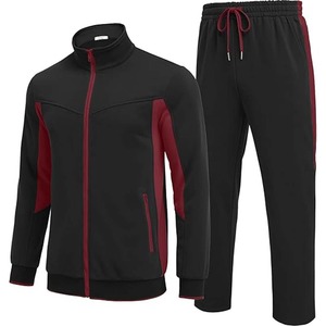Survêtement Homme Noir et Rouge à Manches Longues, Col Roulé Zippé, Coupe Sportive Classique, Respirant, pour l'Automne, Couleur Unie, Poches Latérales - Product Image 1
