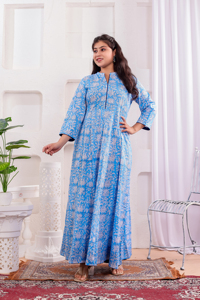 Blue Floral Printed 100% Cotton Women's A-Line Floor-Length Dress Mandarin Collar Long Sleeve Casual Eco-Friendly All Seasons - Product Image 3