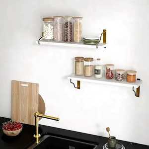 White <b>Floating</b> Wood Wall <b>Shelves</b> Gold Metal <b>Brackets</b> Adjustable Modern Living Room Flower Pot Storage Rack Wall Mounted - Product Image 1
