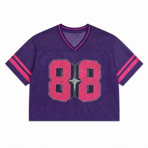 Wholesale men Mesh Cropped Football Jersey Purple V-Neck Short Sleeve Streetwear Vintage Varsity Print 88 Athletic T-Shirt <b>Tee</b> - Product Image 4