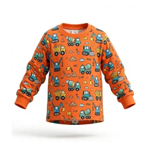 <b>Orange</b> Long Sleeve <b>T</b>-<b>Shirt</b> For Boys With Construction Vehicles Print 100% Cotton Casual Round Neck Cartoon Design <b>T</b> <b>Shirt</b> - Product Image 1