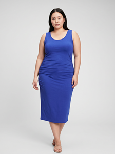 Robe midi d'été pour femme Bmama, sans manches, col rond, décontractée, extensible, froncée sur les côtés, pour tous les jours - Product Image 5