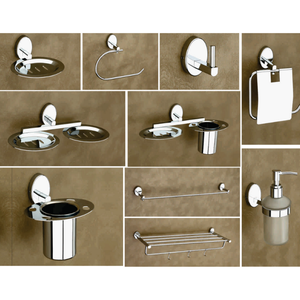 Ensemble d'accessoires de salle de bain contemporains en acier inoxydable chromé brillant à fixation murale, barre porte-serviettes 60 cm, distributeur de savon, porte-brosse à dents - Product Image 1