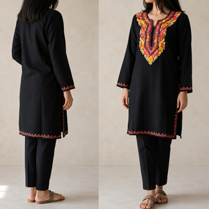 Black Kashmiri Pheran <b>Kurti</b> with Bold Multicolour Aari Yoke Embroidery Buy Direct From Designer - Product Image 3