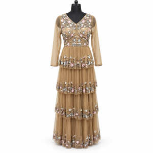 Sophisticated Floral Embellished Evening Gown V Neck Sheer Long Sleeves Tiered <b>Skirt</b> | Champagne A-Line Floor <b>Length</b> Party Dress - Product Image 1