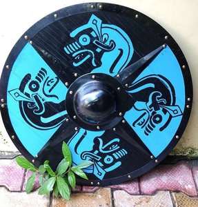 Bouclier rond Viking bleu et noir en bois, bouclier médiéval avec motif de dragon nordique, embout métallique, cadeau décoratif OEM pour hommes - Product Image 1