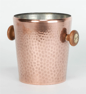 <b>Copper</b> Hammered Wine Ice Bucket with Wood <b>Knobs</b> Double Wall Vacuum Insulated LED Lit Customizable Capacity - Product Image 1