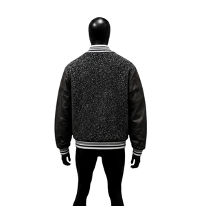 แจ็คเก็ตวาร์ซิตี้ผู้ชาย PREMIUM BLACK LETTERMAN แขนหนัง PU สีพื้น ปกคอพับ สไตล์ลำลองสำหรับฤดูใบไม้ร่วง ทรงปกติ - Product Image 2