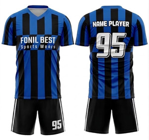 ชุดเสื้อฟุตบอลผู้ชาย FONIL BEST สีน้ำเงินดำลายทาง คอวี แขนสั้น แห้งเร็ว ผลิตจากโพลีเอสเตอร์ สำหรับผู้ใหญ่ ทุกฤดูกาล - Product Image 1