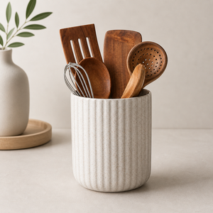 Fine Porcelain <b>Utensil</b> <b>Holder</b> Vertical Rib Texture Smooth Glaze Chip Resistant Stable Base <b>Kitchen</b> Counter Storage Organizer - Product Image 1