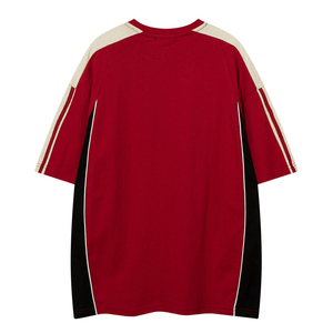 Camiseta de Manga Raglán Extra Grande para Hombre, Roja, Negra y Beige, con Ribete en Contraste, Cuello Redondo, Diseño Casual de Bloques de Color Sólido - Product Image 2