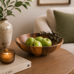 Bol à salade en bois d'acacia artisanal de qualité supérieure avec élégants accents d'oiseaux en étain, bol décoratif écologique pour fruits - Product Image 3