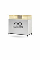 Comptoir d'exposition optique moderne avec dessus en verre, vitrine pour lunettes, table de présentation pour magasin de détail avec armoire de rangement et éclairage LED personnalisé