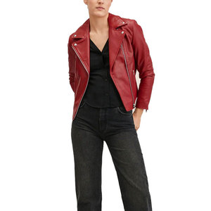 Veste moto en cuir PU rouge pour femme, col montant, fermeture éclair, manches longues, style automne - Product Image 3