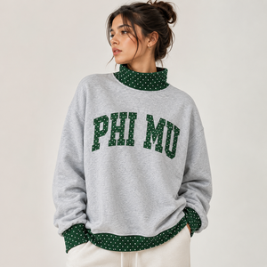 Sudadera de cuello redondo para mujer Phi Mu, azul marino con ribete de lunares, de algodón tejido, holgada, transpirable y cómoda, con cuello simulado. - Product Image 5