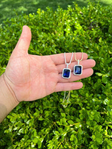 Classic Silver Plated Sapphire Pendant Necklace With Emerald Cut Stone Bezel Setting Unisex Fashion Jewelry Gift - Product Image 1