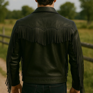 Men's Black Leather <b>Jacket</b> With Fringe Vintage <b>Western</b> Style Turn-down Collar Zipper Closure Regular Fit - Product Image 4